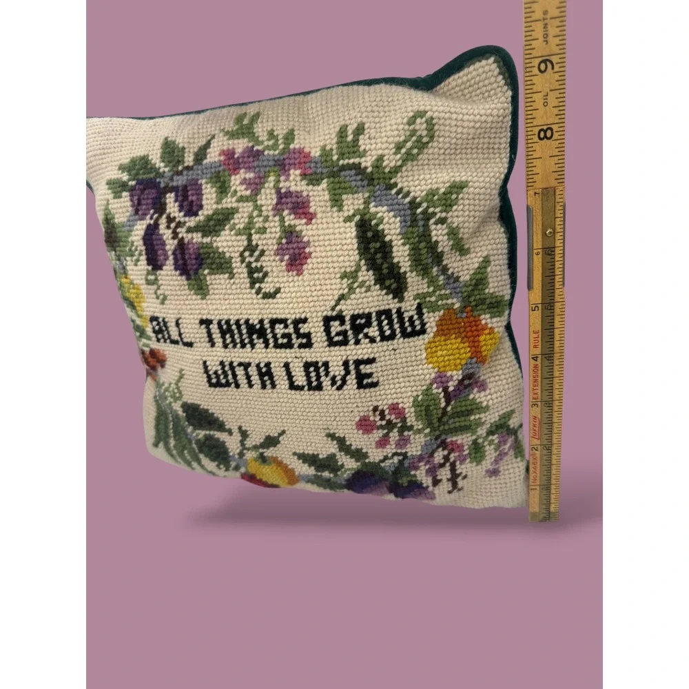 Vintage Needlepoint Floral Pillow All Things Grow With Love Green Velvet 9x9